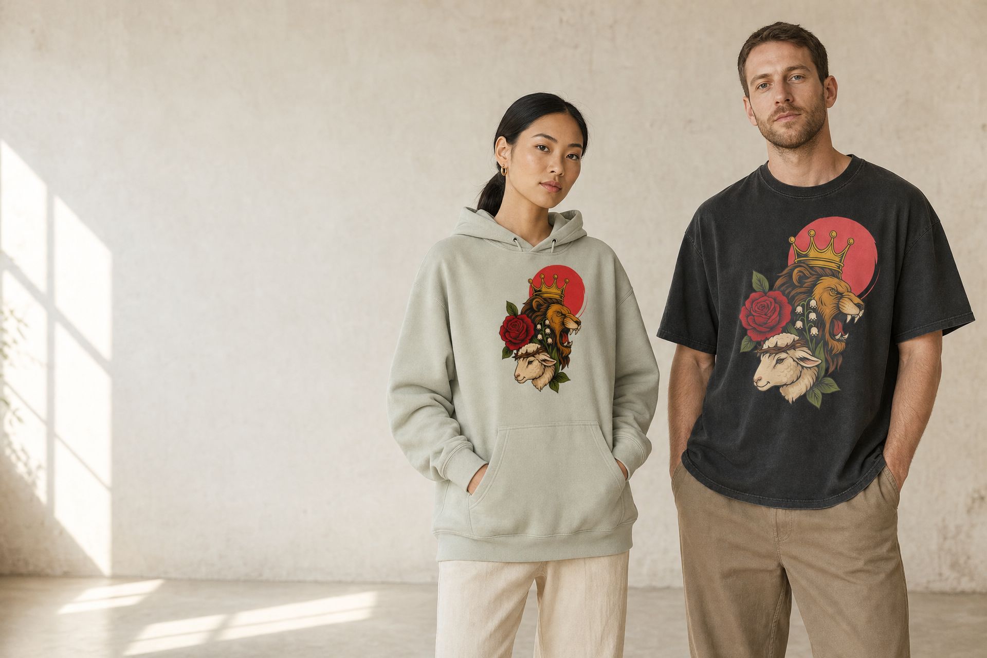 Woman in the dusty sage JESUS Symbols hoodie and man in the washed black JESUS Symbols oversized tee