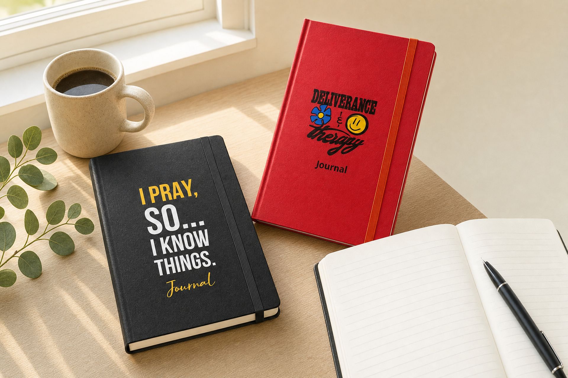 The I Pray Journal and the Deliverance and Therapy Journal on a desk with an open notebook and coffee